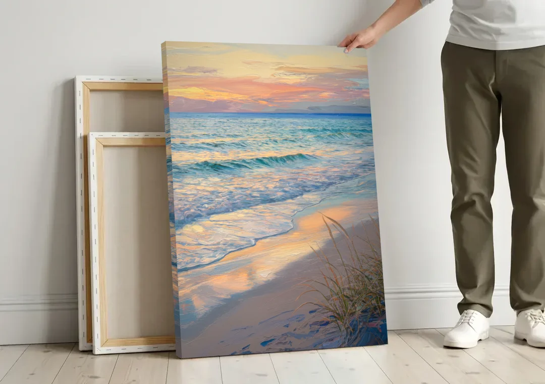 Hilton Head Island Sunset Beach View canvas wall art leaning against a wall next to blank canvases