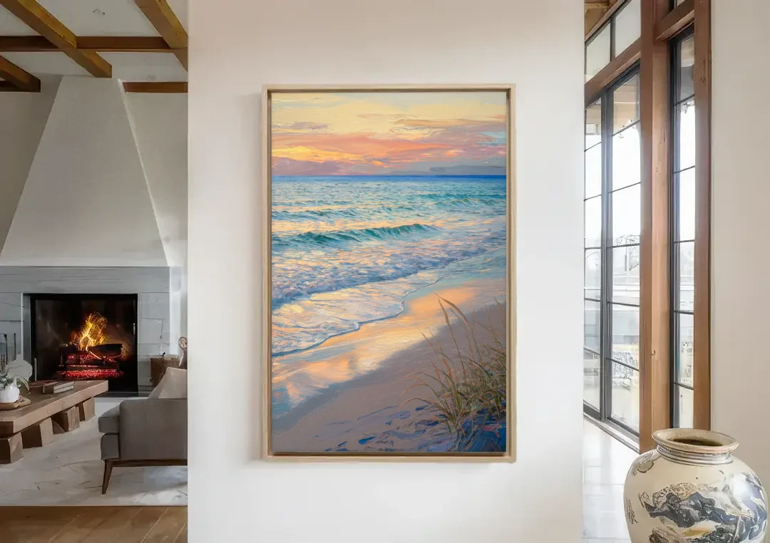 Hilton Head Island Sunset Beach View canvas wall art in a living room with a fireplace