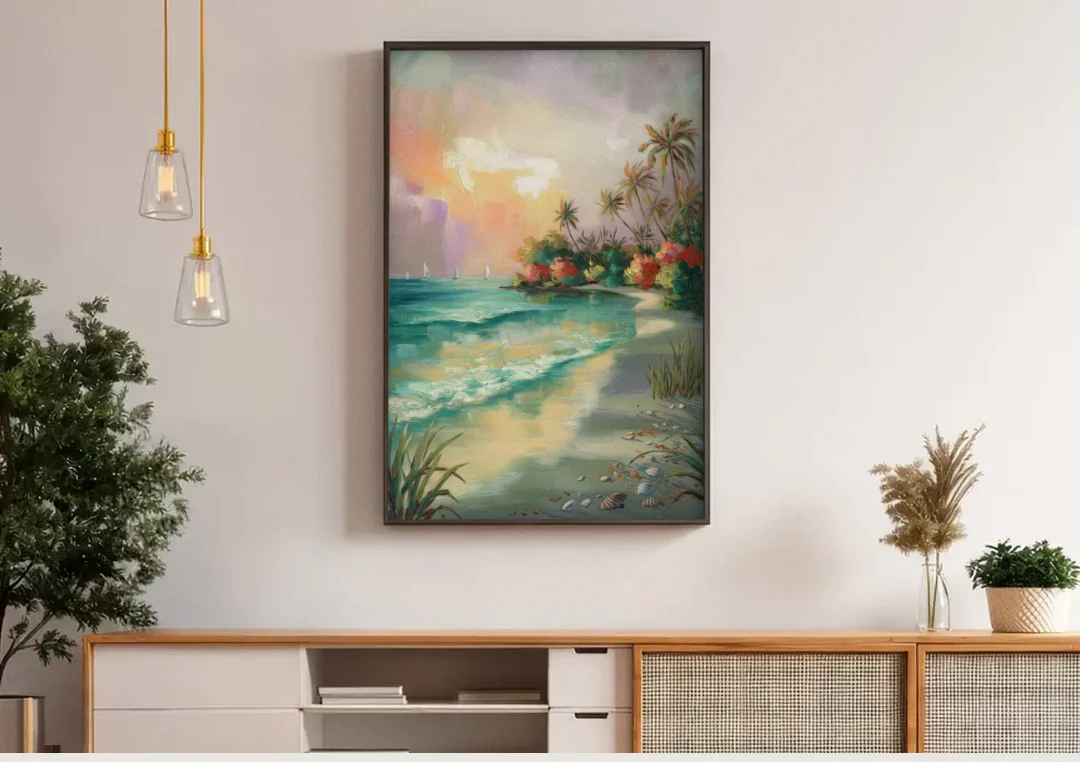 Hilton Head Island Tropical Paradise canvas wall art above a wooden sideboard under pendant lights