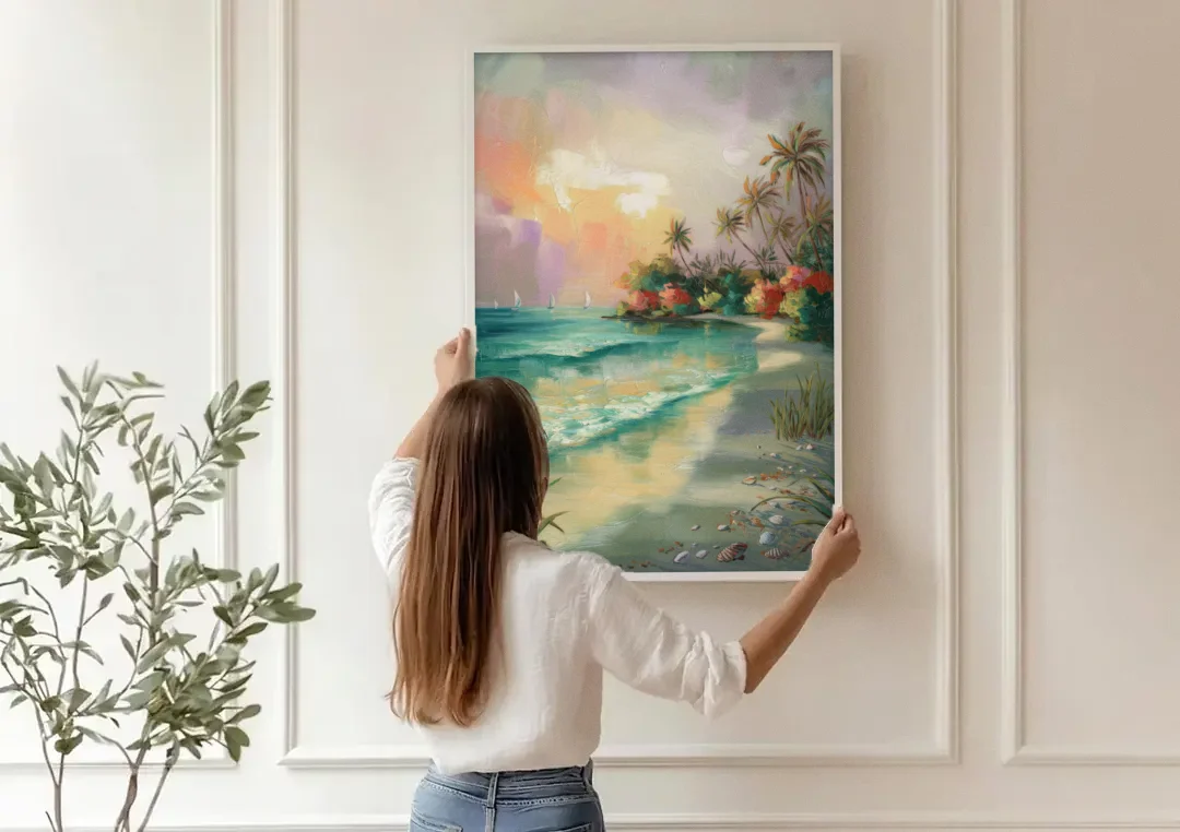 Hilton Head Island Tropical Paradise canvas wall art being hung on a paneled wall
