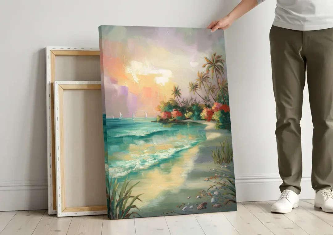 Hilton Head Island Tropical Paradise canvas wall art leaning against a wall next to blank canvases