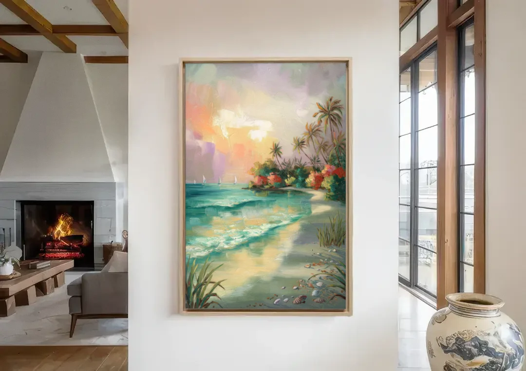 Hilton Head Island Tropical Paradise canvas wall art in a living room with a fireplace