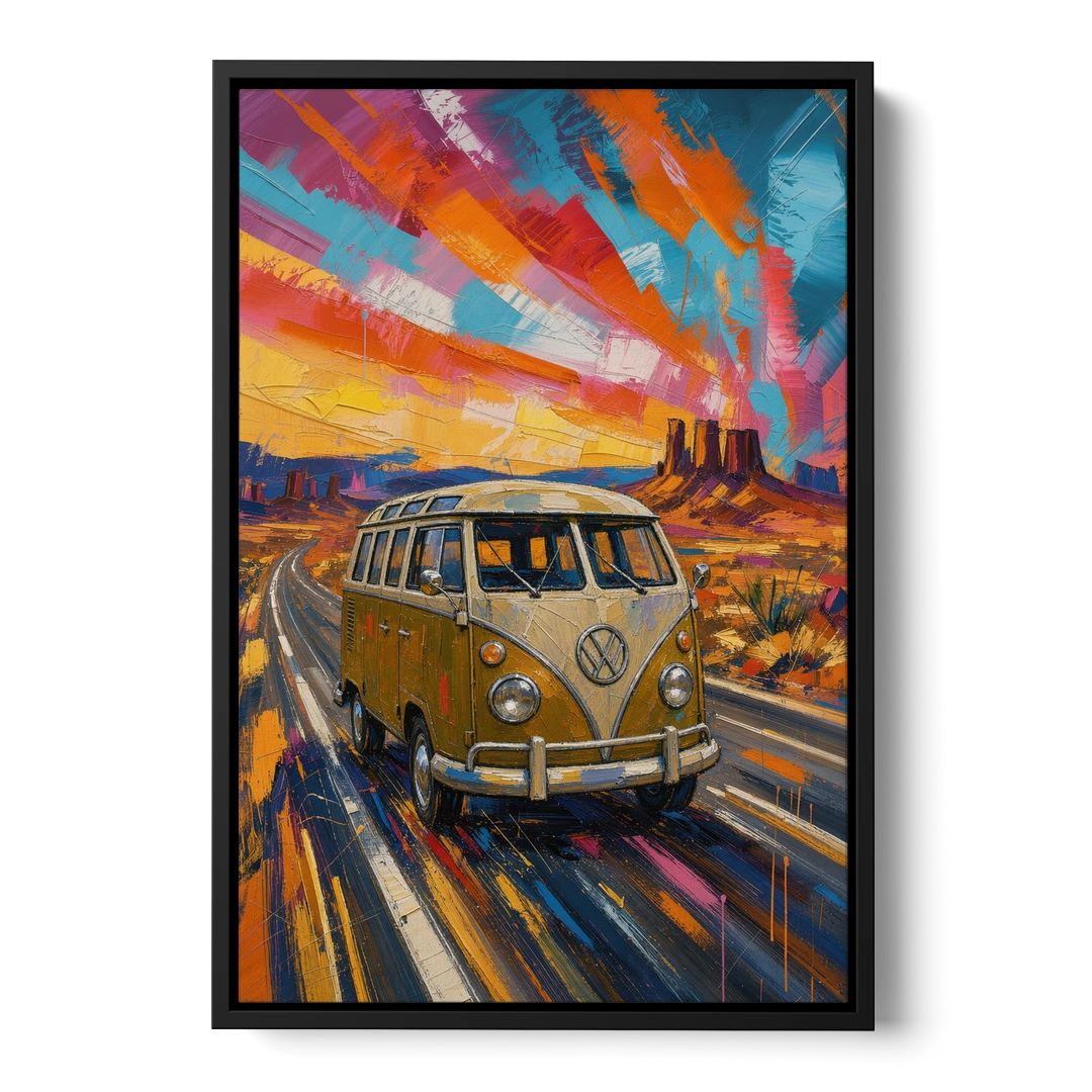 Hippie Wall Art Camper Van on a Desert Highway - Black Framed Canvas Wall Art - Front