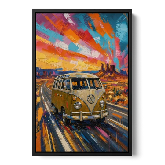 Hippie Wall Art Camper Van on a Desert Highway - Black Framed Canvas Wall Art - Front