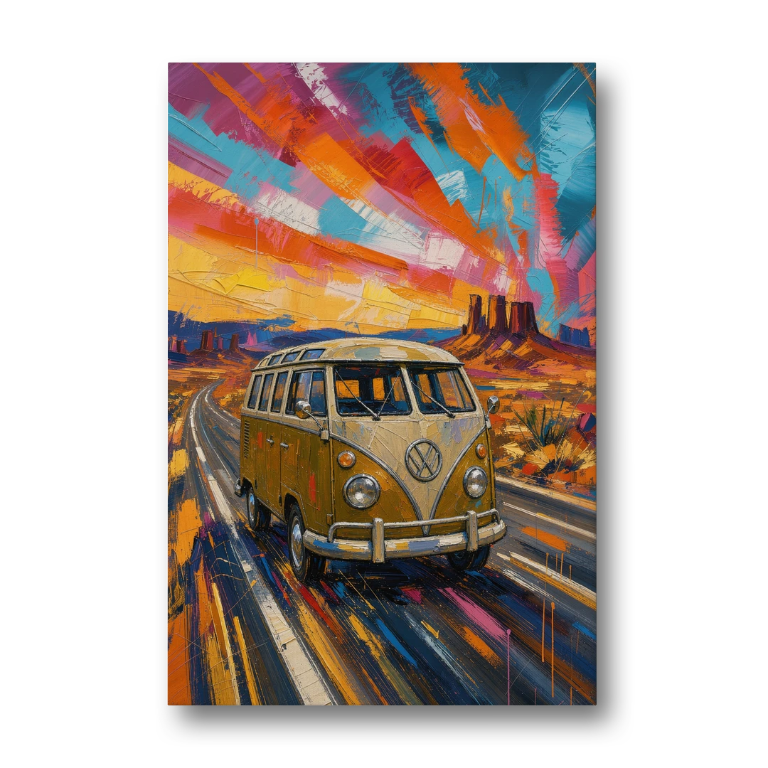 Hippie Wall Art Camper Van on a Desert Highway - Canvas Wall Art - Front
