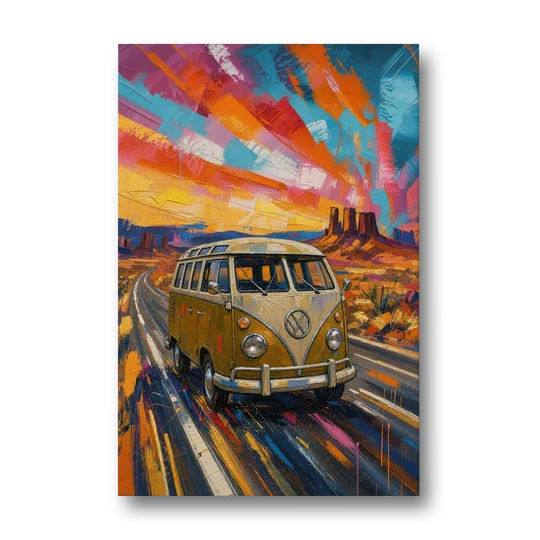 Hippie Wall Art Camper Van on a Desert Highway - Canvas Wall Art - Front