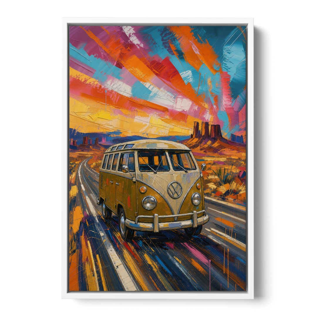 Hippie Wall Art Camper Van on a Desert Highway - White Framed Canvas Wall Art - Front