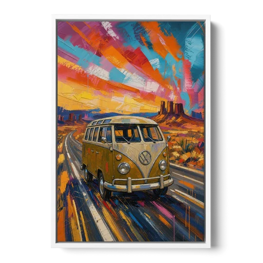 Hippie Wall Art Camper Van on a Desert Highway - White Framed Canvas Wall Art - Front