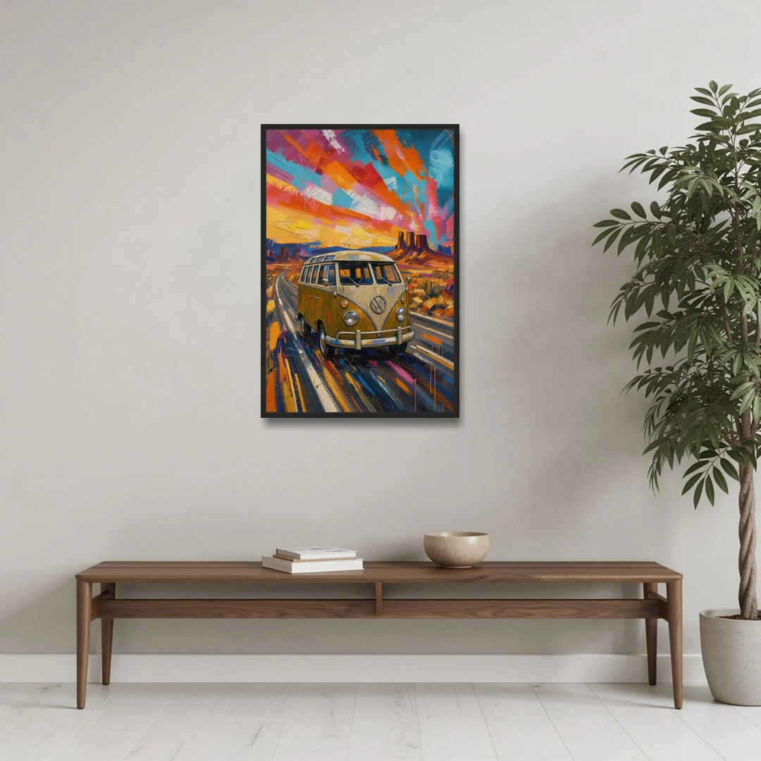 Hippie Wall Art Camper Van on a Desert Highway - Black Framed Canvas Wall Art - Coffee Table - 24x36