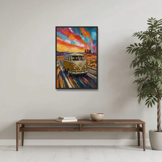 Hippie Wall Art Camper Van on a Desert Highway - Black Framed Canvas Wall Art - Coffee Table - 24x36