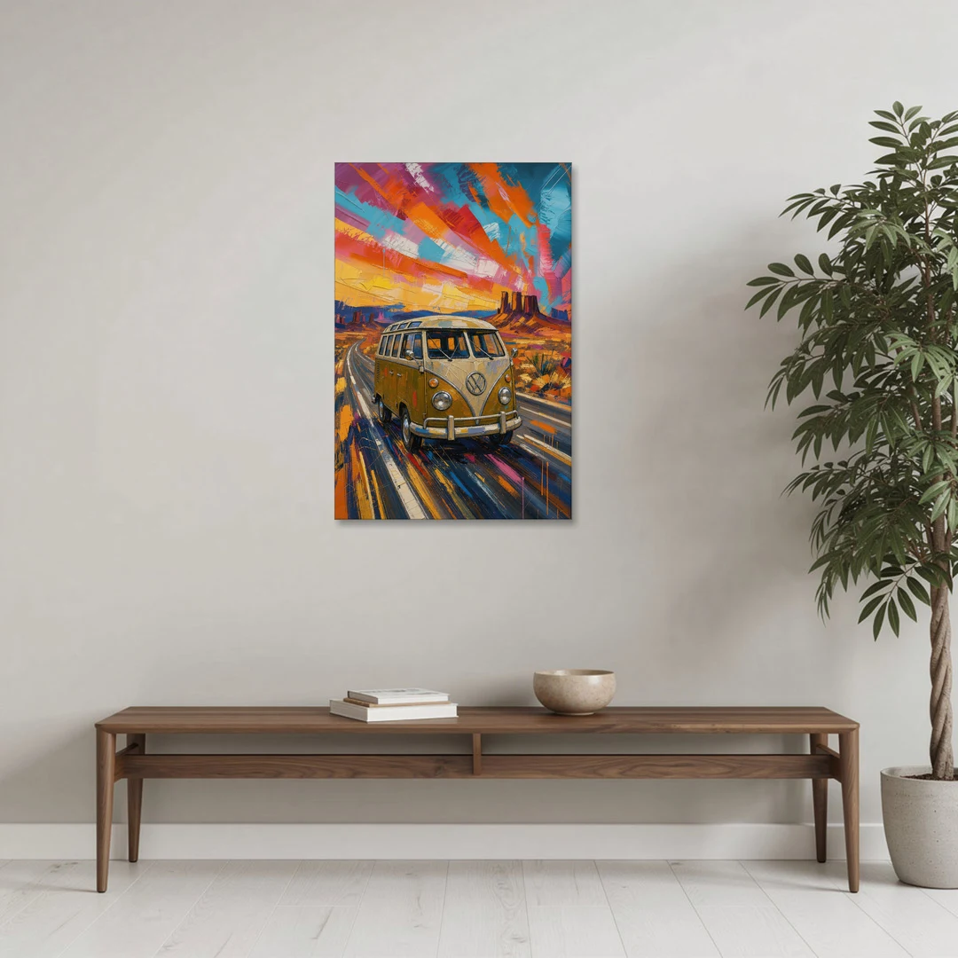Hippie Wall Art Camper Van on a Desert Highway - Canvas Wall Art - Coffee Table - 24x36