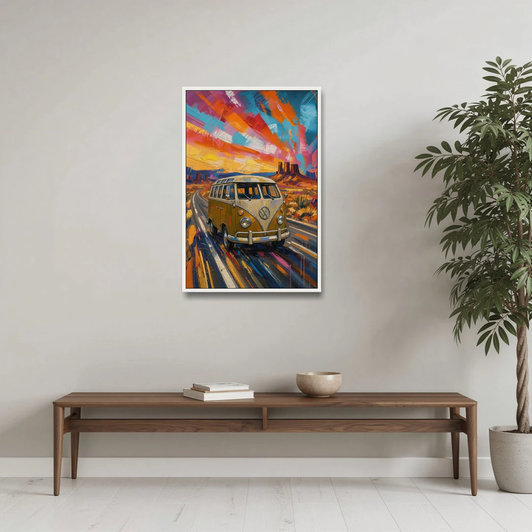 Hippie Wall Art Camper Van on a Desert Highway - White Framed Canvas Wall Art - Coffee Table - 24x36