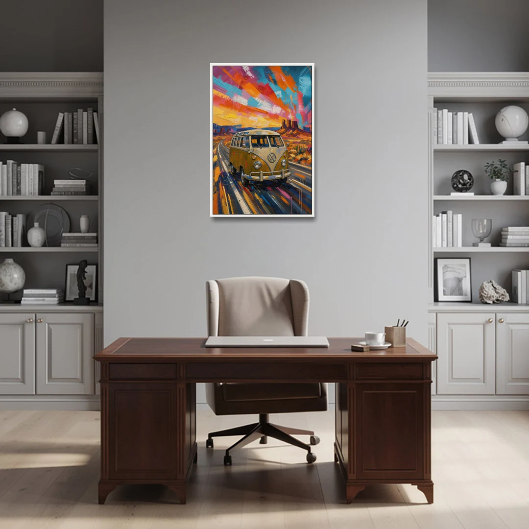 Hippie Wall Art Camper Van on a Desert Highway - White Framed Canvas Wall Art - Office - 24x36