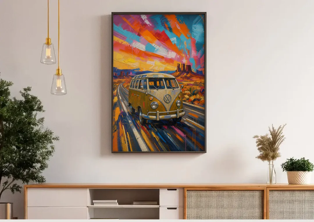 Hippie Wall Art Camper Van on a Desert Highway canvas wall art above a wooden sideboard under pendant lights