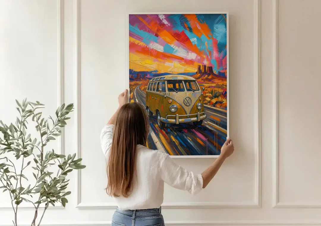 Hippie Wall Art Camper Van on a Desert Highway canvas wall art being hung on a paneled wall
