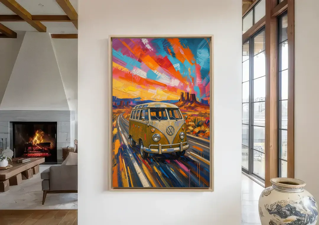 Hippie Wall Art Camper Van on a Desert Highway canvas wall art in a living room with a fireplace