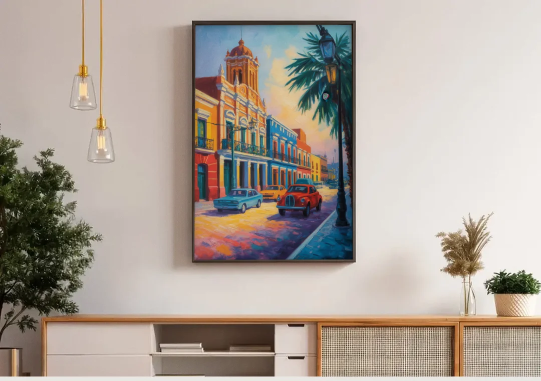 Historic Centro Facades canvas wall art above a wooden sideboard under pendant lights