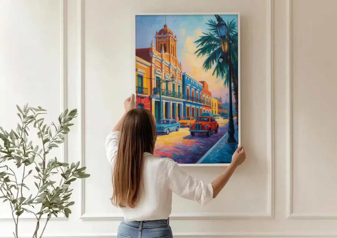 Historic Centro Facades canvas wall art being hung on a paneled wall