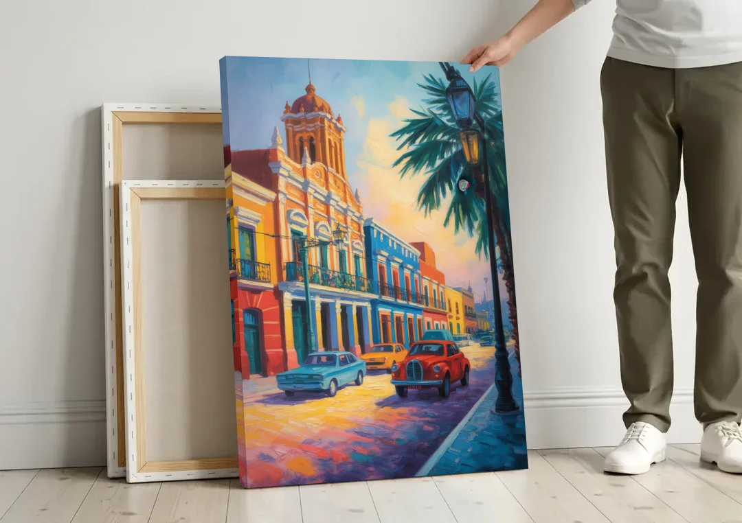Historic Centro Facades canvas wall art leaning against a wall next to blank canvases