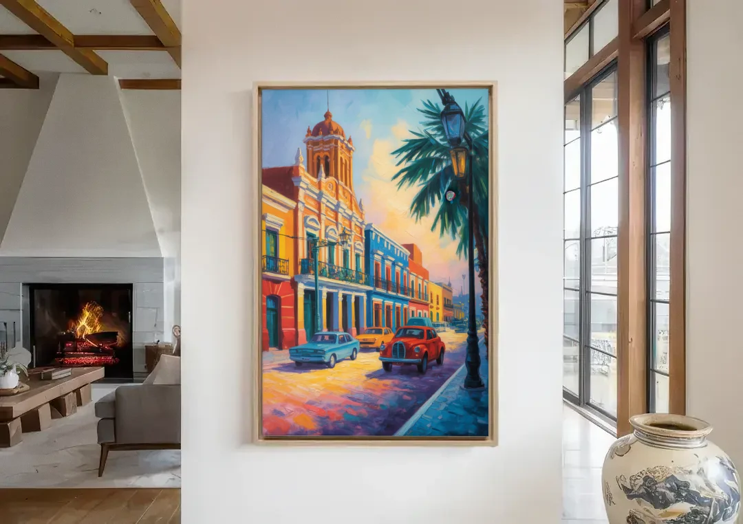 Historic Centro Facades canvas wall art in a living room with a fireplace