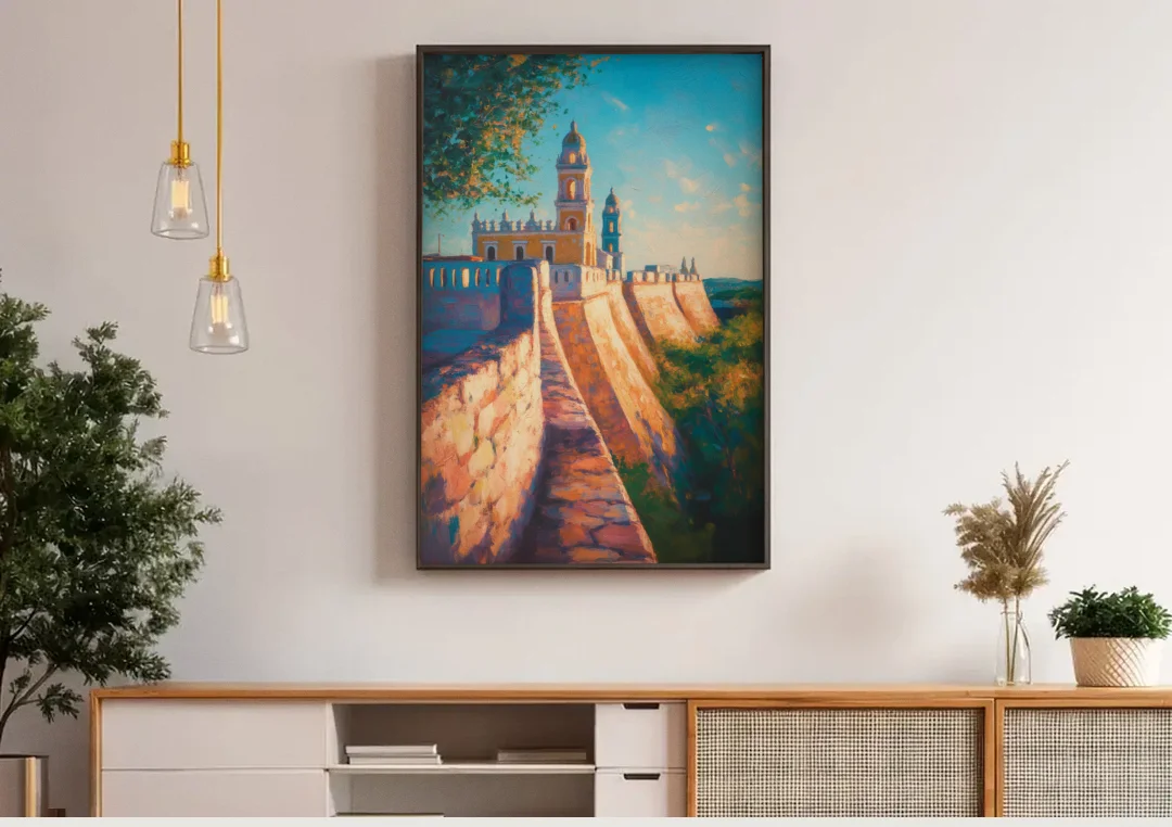 Historic Fortified Walls canvas wall art above a wooden sideboard under pendant lights