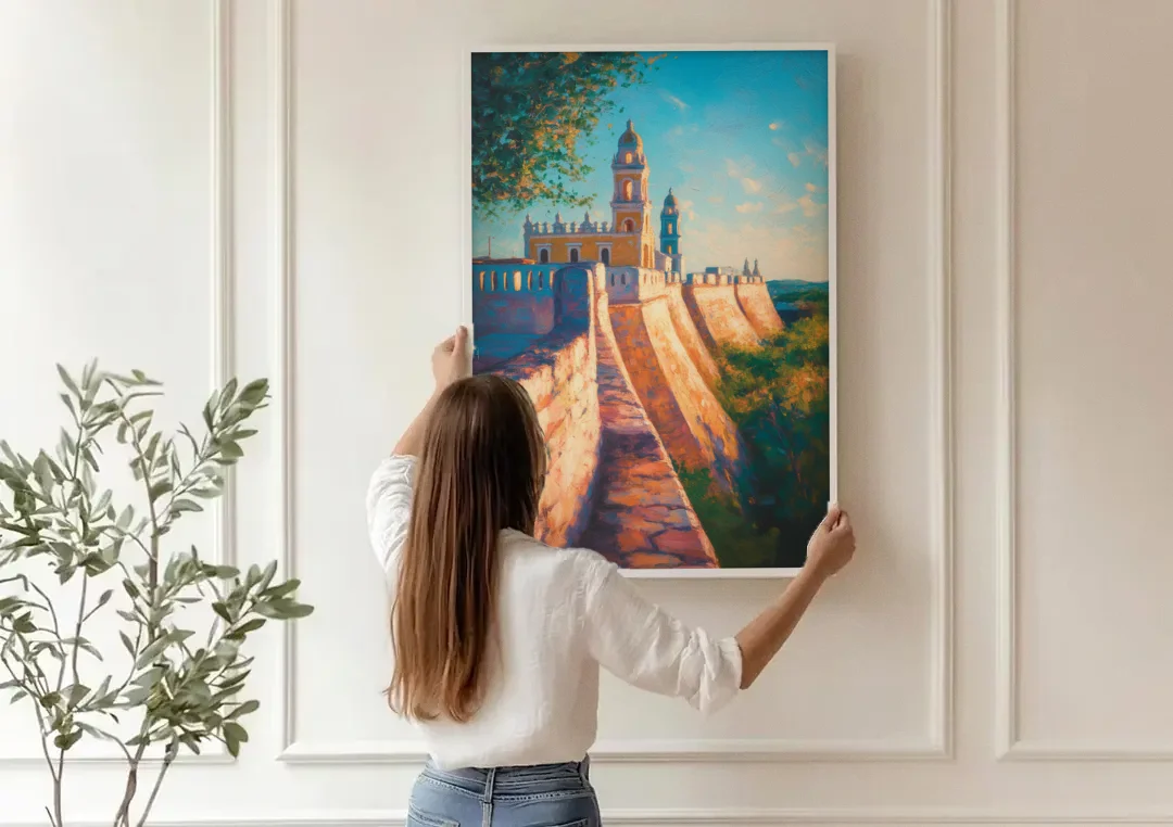 Historic Fortified Walls canvas wall art being hung on a paneled wall