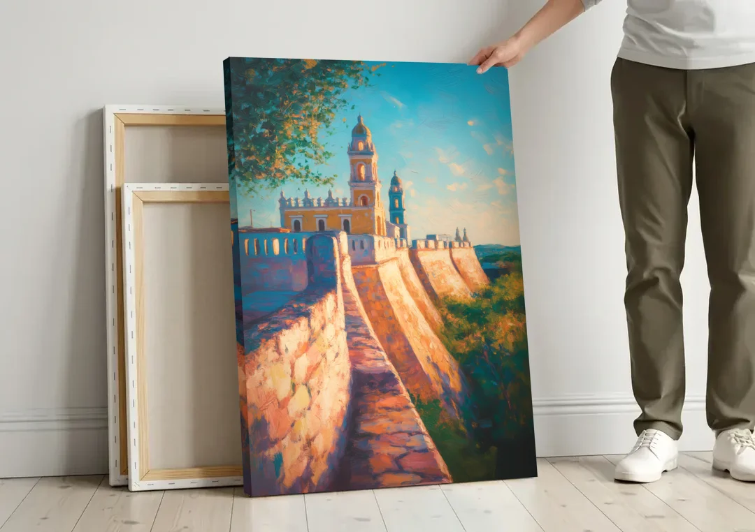 Historic Fortified Walls canvas wall art leaning against a wall next to blank canvases