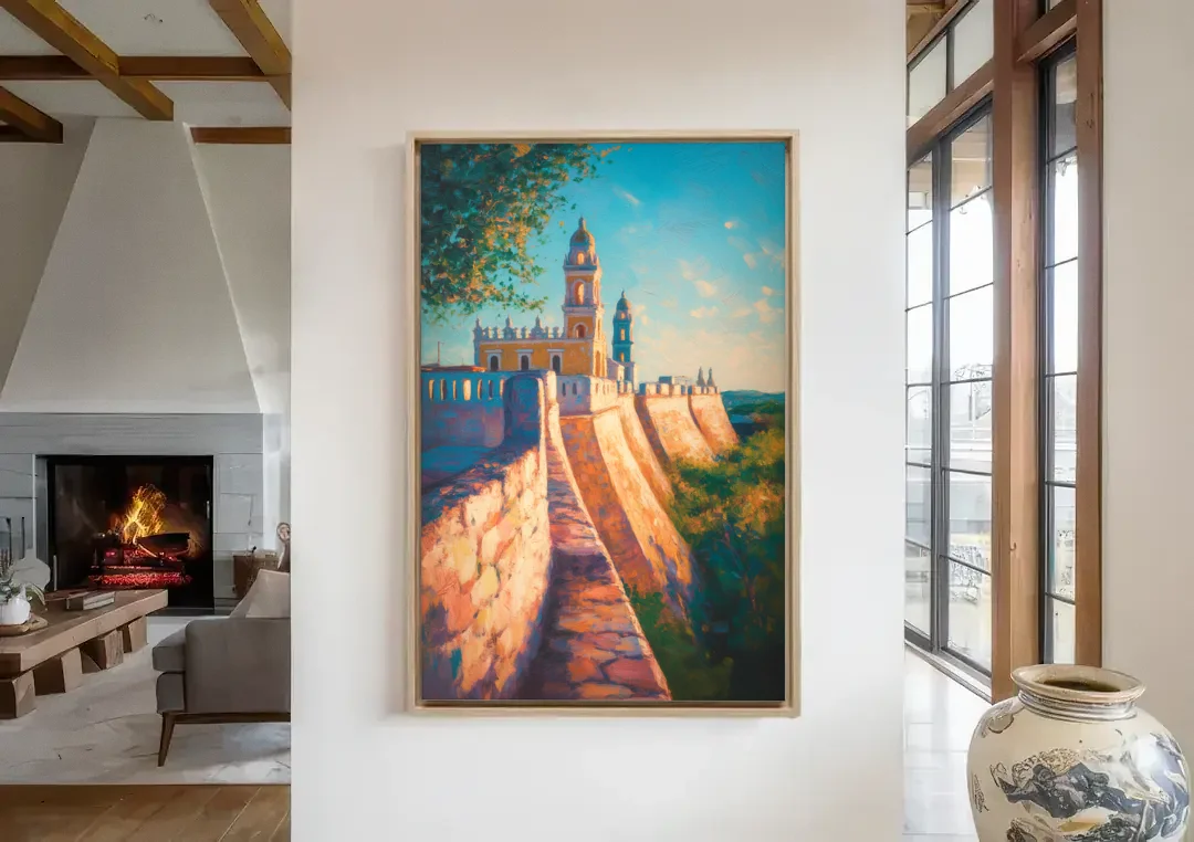Historic Fortified Walls canvas wall art in a living room with a fireplace