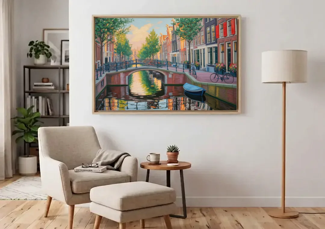 Historic Jordaan canvas wall art above an armchair in a bright living room