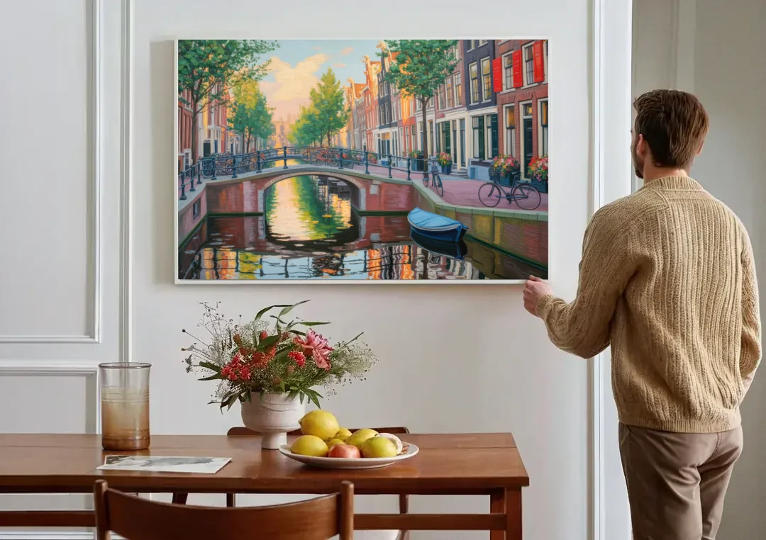 Historic Jordaan canvas wall art above a dining table