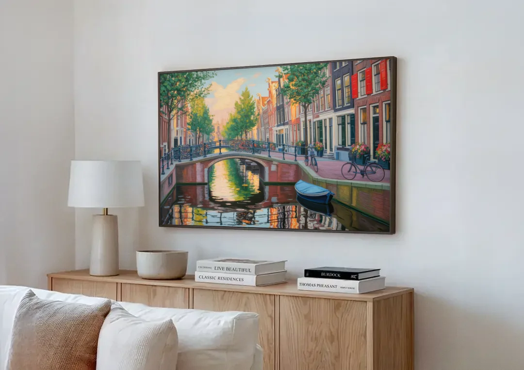 Historic Jordaan canvas wall art above a wooden sideboard next to a sofa