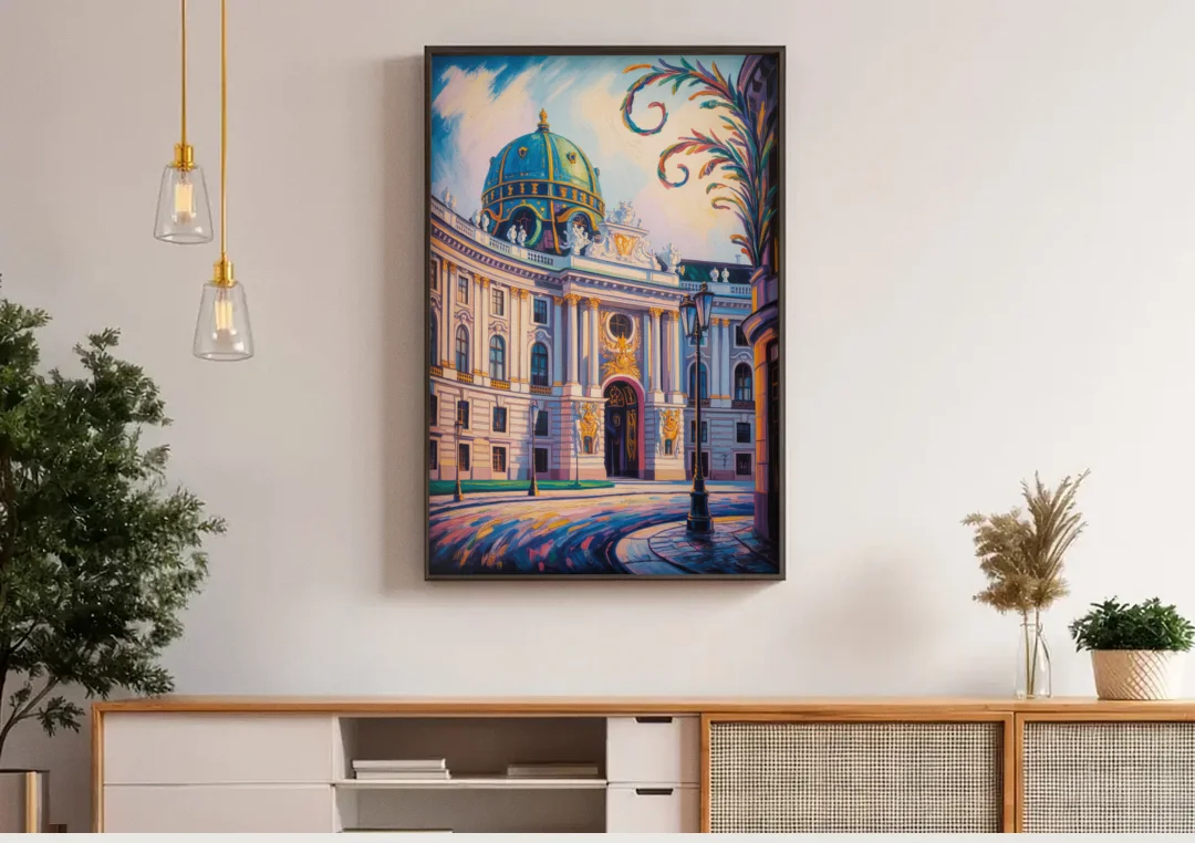 Hofburg Elegance canvas wall art above a wooden sideboard under pendant lights