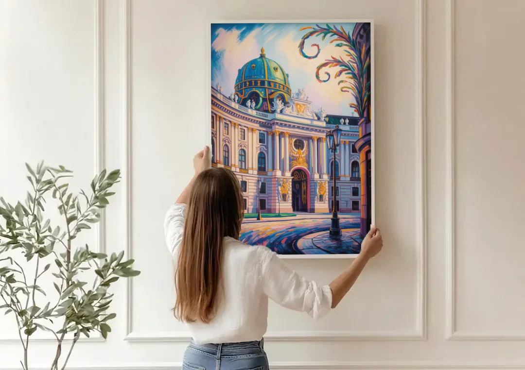 Hofburg Elegance canvas wall art being hung on a paneled wall