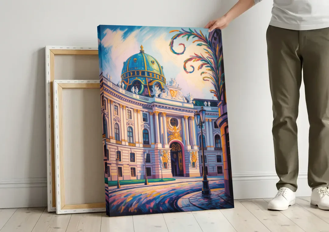 Hofburg Elegance canvas wall art leaning against a wall next to blank canvases