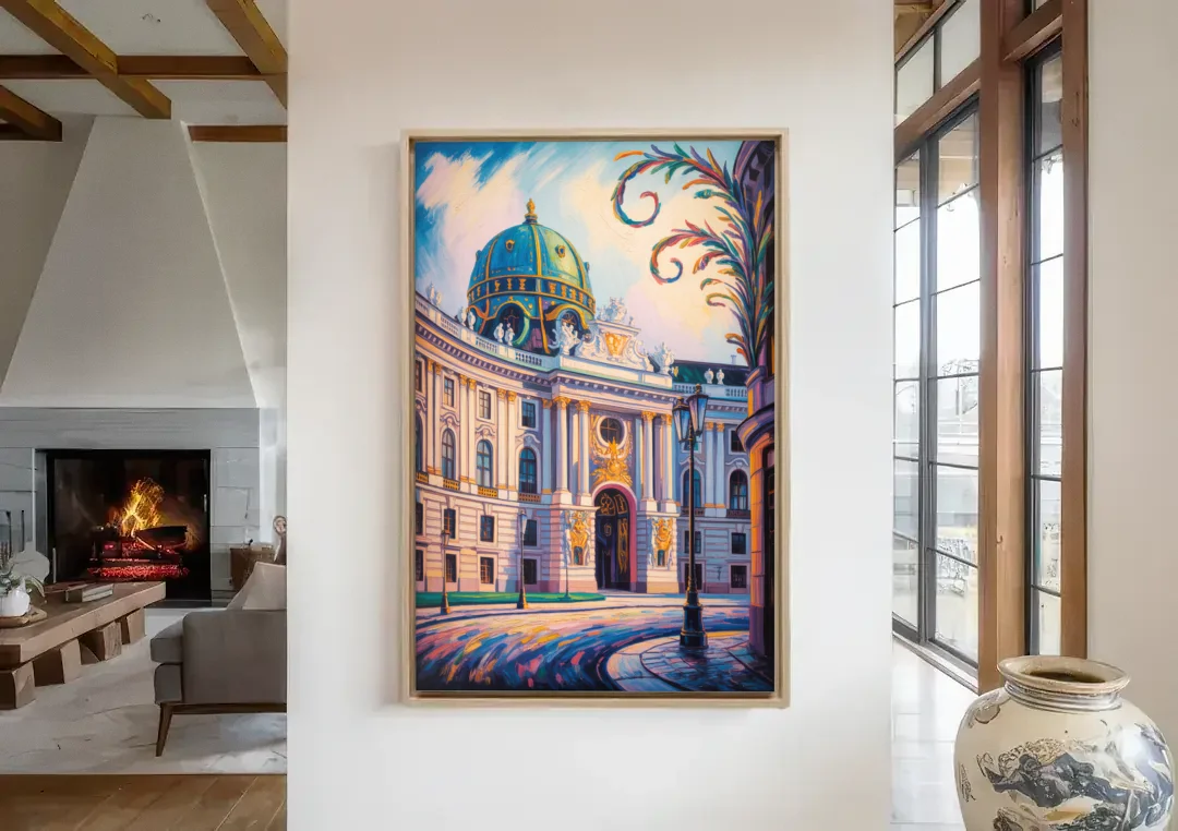 Hofburg Elegance canvas wall art in a living room with a fireplace
