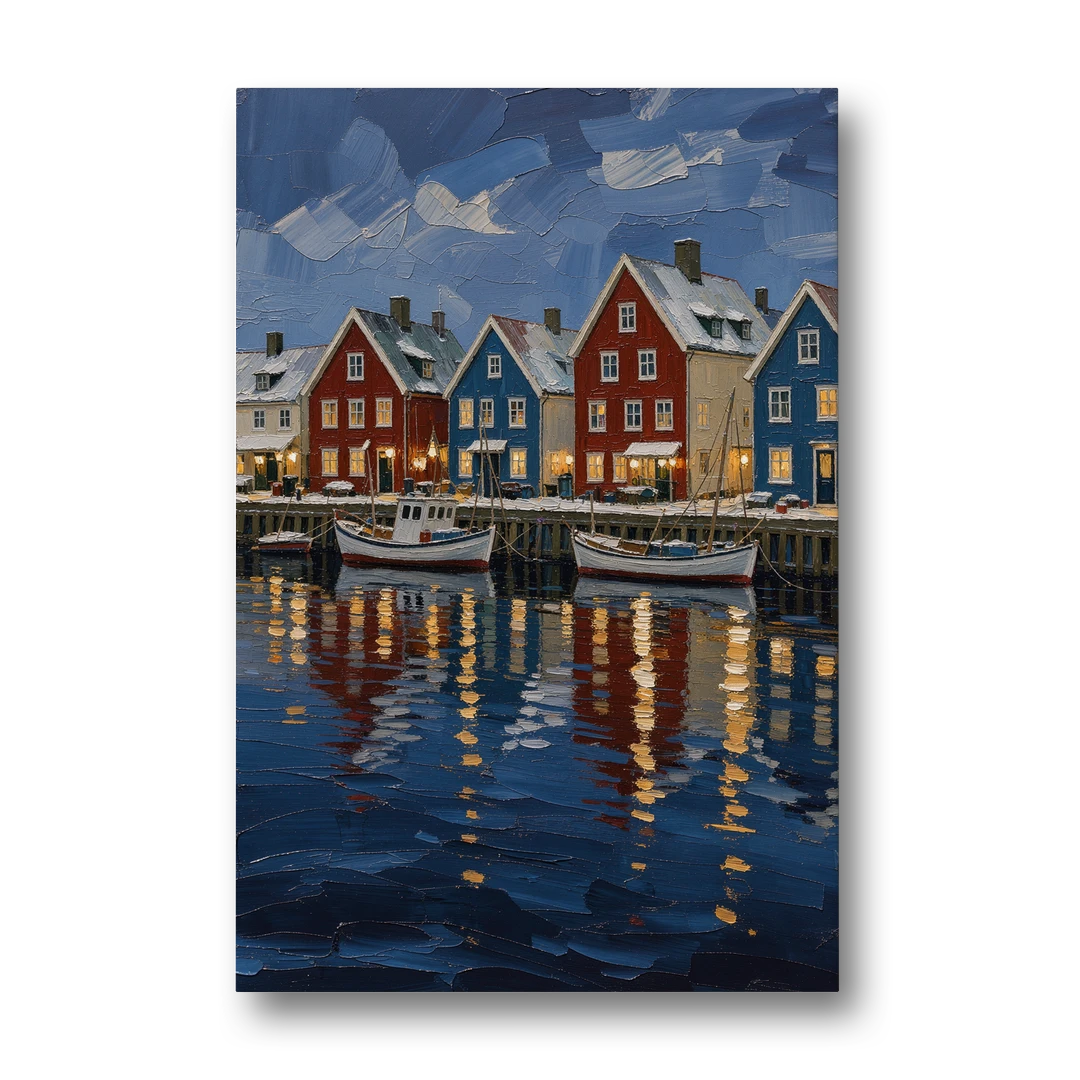Holiday Snowy Harbor Fishing Village - Canvas Wall Art - Front