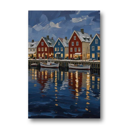 Holiday Snowy Harbor Fishing Village - Canvas Wall Art - Front
