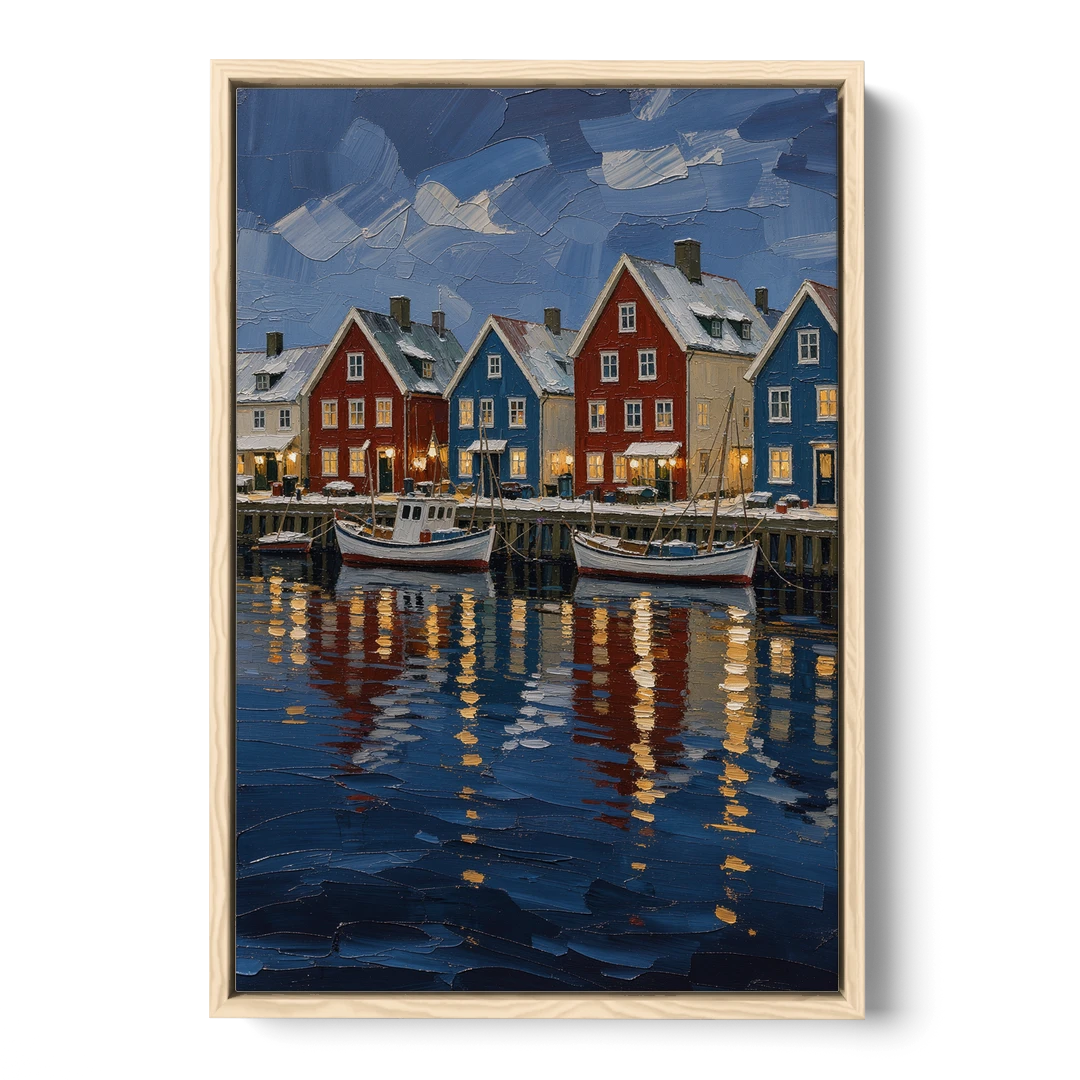 Holiday Snowy Harbor Fishing Village - Oak Framed Canvas Wall Art - Front