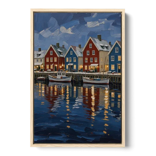 Holiday Snowy Harbor Fishing Village - Oak Framed Canvas Wall Art - Front