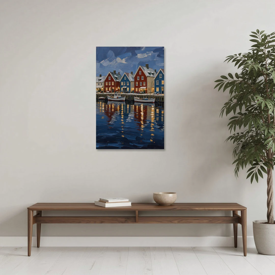 Holiday Snowy Harbor Fishing Village - Canvas Wall Art - Coffee Table - 24x36