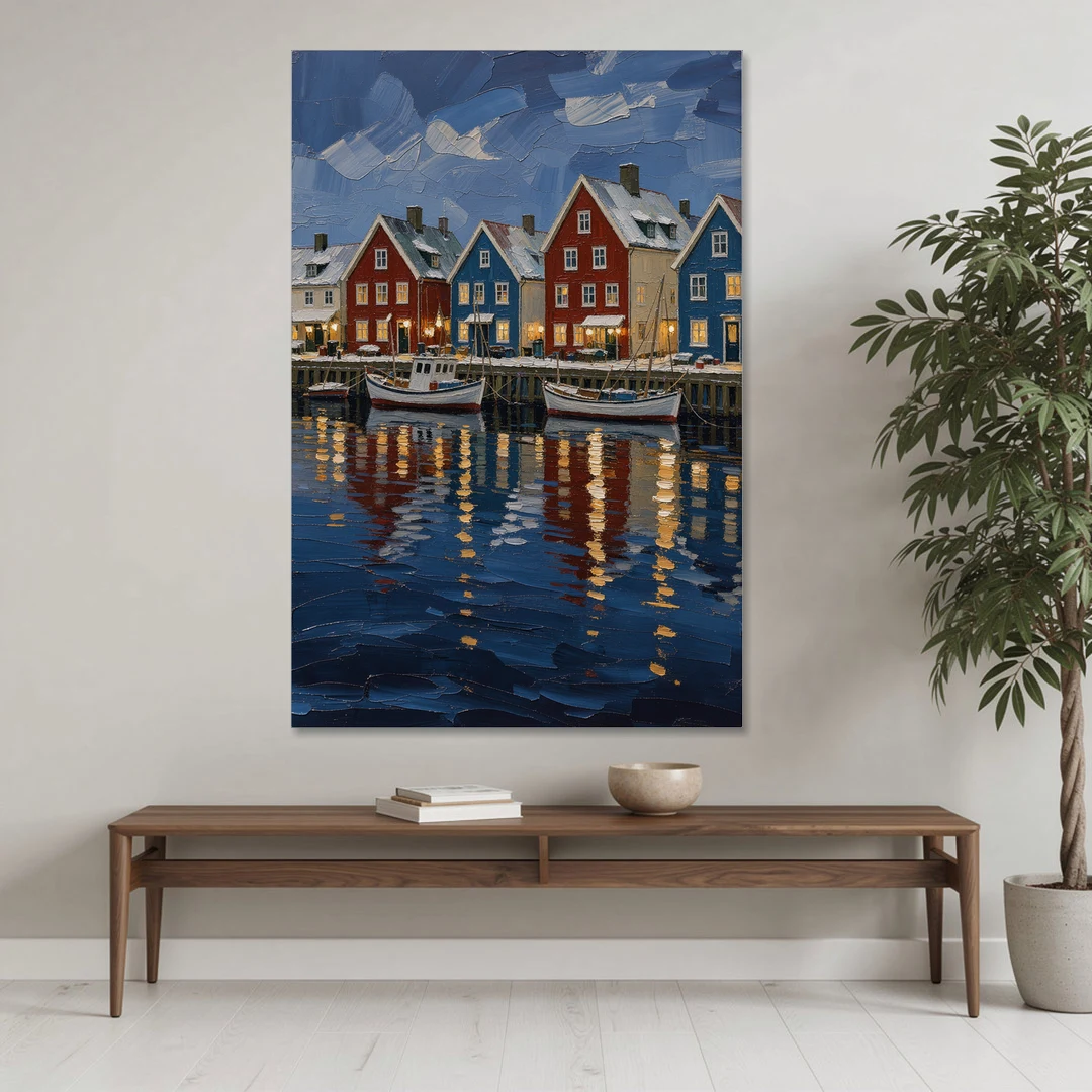 Holiday Snowy Harbor Fishing Village - Canvas Wall Art - Coffee Table - 40x60