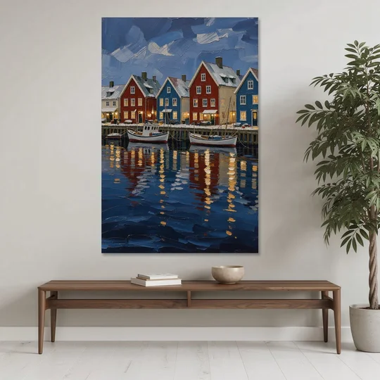 Holiday Snowy Harbor Fishing Village - Canvas Wall Art - Coffee Table - 40x60