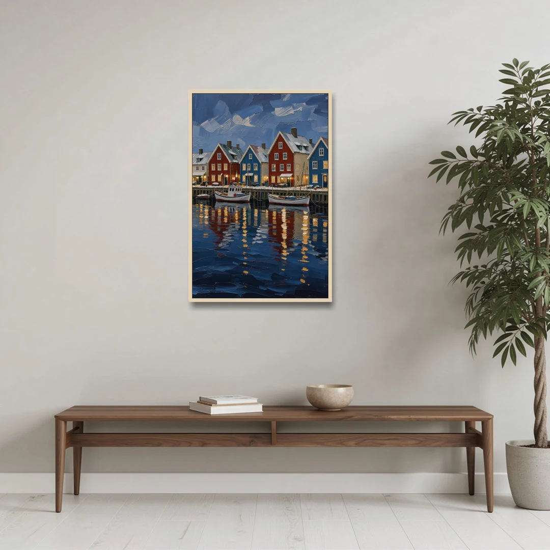 Holiday Snowy Harbor Fishing Village - Oak Framed Canvas Wall Art - Coffee Table - 24x36