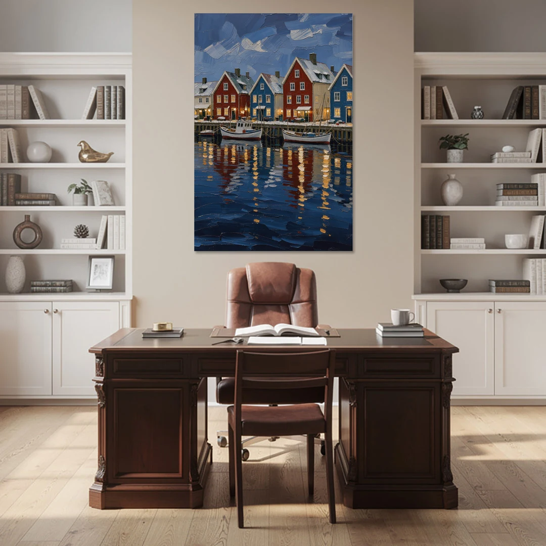 Holiday Snowy Harbor Fishing Village - Canvas Wall Art - Office - 40x60