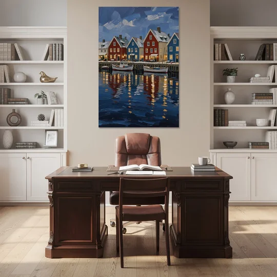 Holiday Snowy Harbor Fishing Village - Canvas Wall Art - Office - 40x60