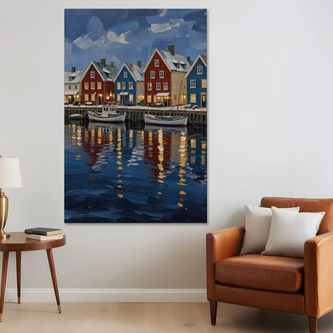 Holiday Snowy Harbor Fishing Village - Canvas Wall Art - Sofa - 40x60