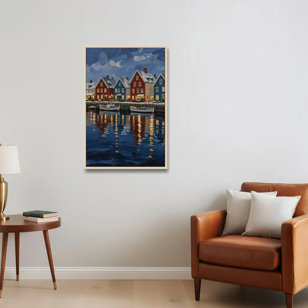 Holiday Snowy Harbor Fishing Village - Oak Framed Canvas Wall Art - Sofa - 24x36