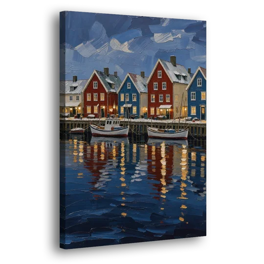 Holiday Snowy Harbor Fishing Village - Canvas Wall Art - Side