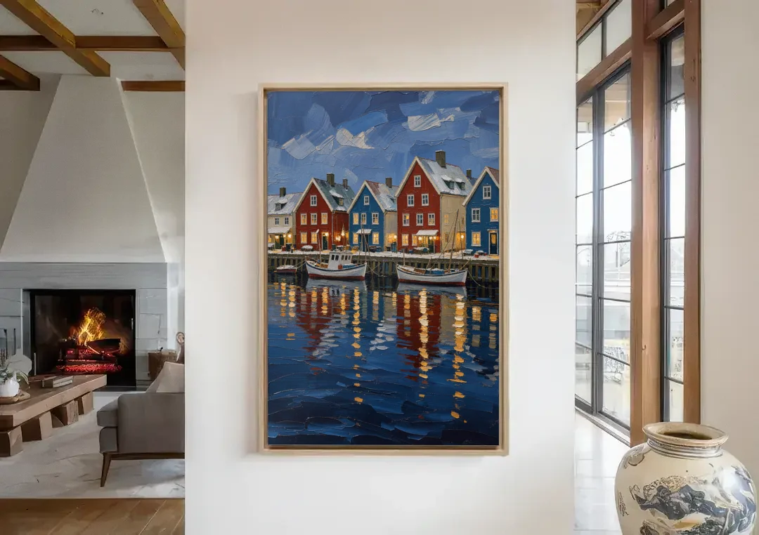 Holiday Snowy Harbor Fishing Village canvas wall art in a living room with a fireplace
