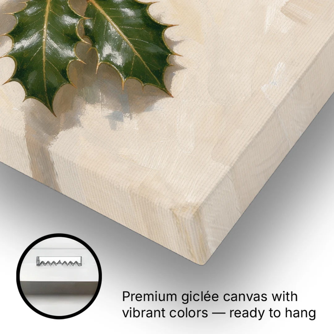 Holly Wall Art with Red Berries on Cream - Canvas Wall Art - Gallery Wrap Corner